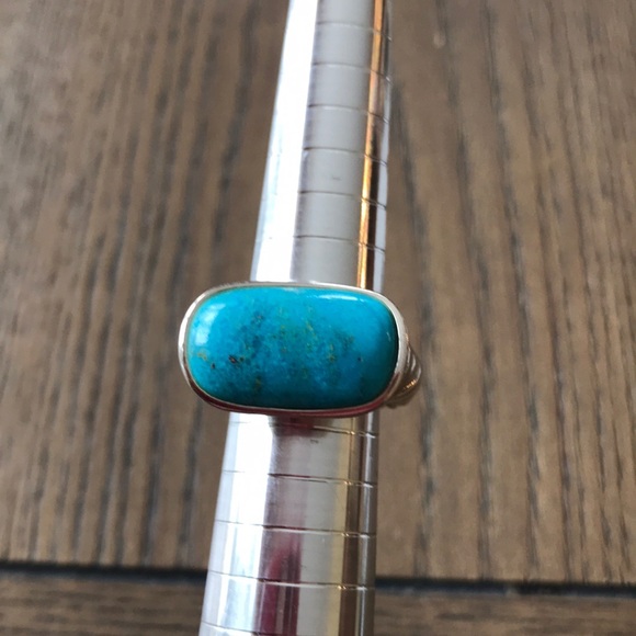 SS & Rectangle Turquoise Stone Ring w/Cable detail - Picture 1 of 5